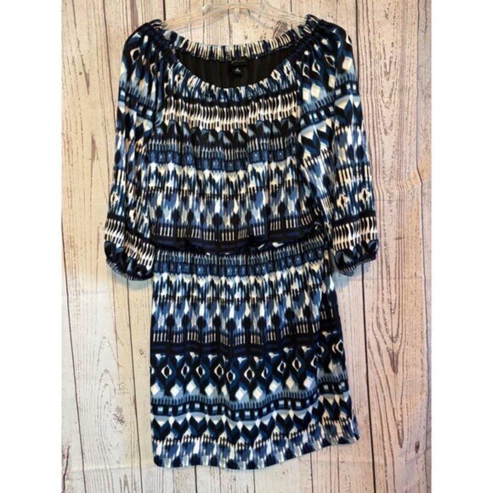 AB Studio Office Party Black & Blue Gathered Waist & Neck Dress Size Medium